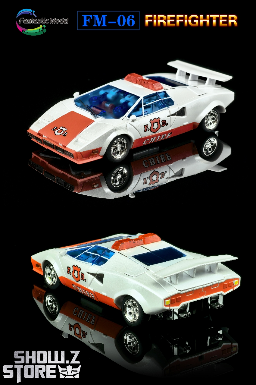 FM-06 Firefighter vehicle mode showing red white ambulance transformation FM-06 Firefighter vehicle mode showing red white ambulance transformation