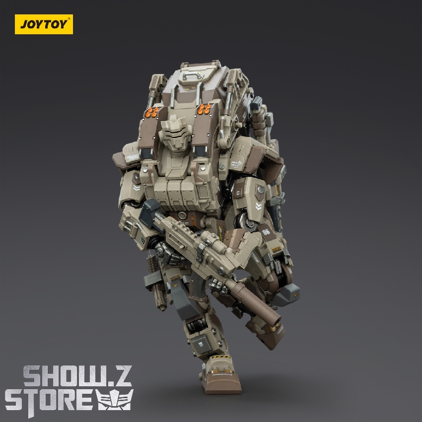 Tan mech with large cannon weapon equipped Tan mech with large cannon weapon equipped