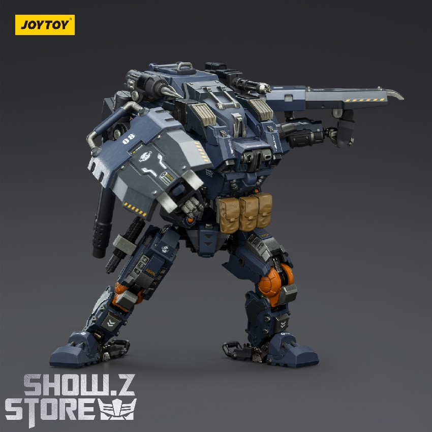 Black mech with orange accents and cannon weapon Black mech with orange accents and cannon weapon