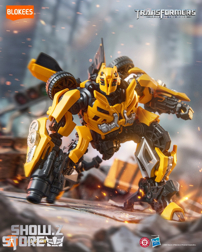 Transformers Bumblebee yellow robot in urban action scene Transformers Bumblebee yellow robot in urban action scene