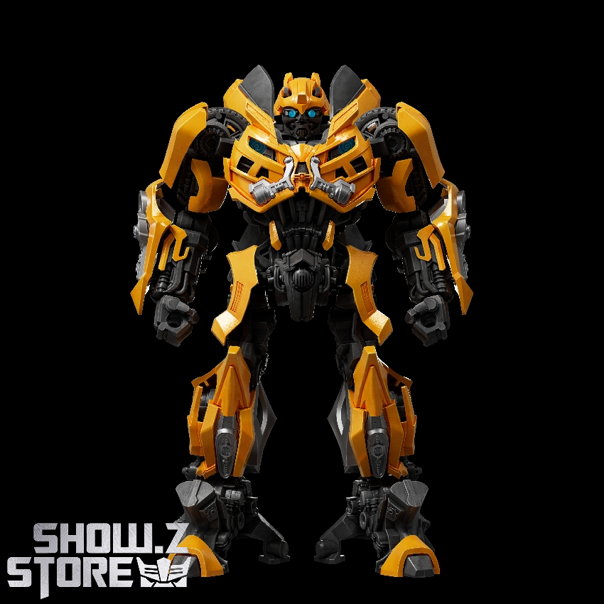 Bumblebee yellow robot standing tall on black background Bumblebee yellow robot standing tall on black background