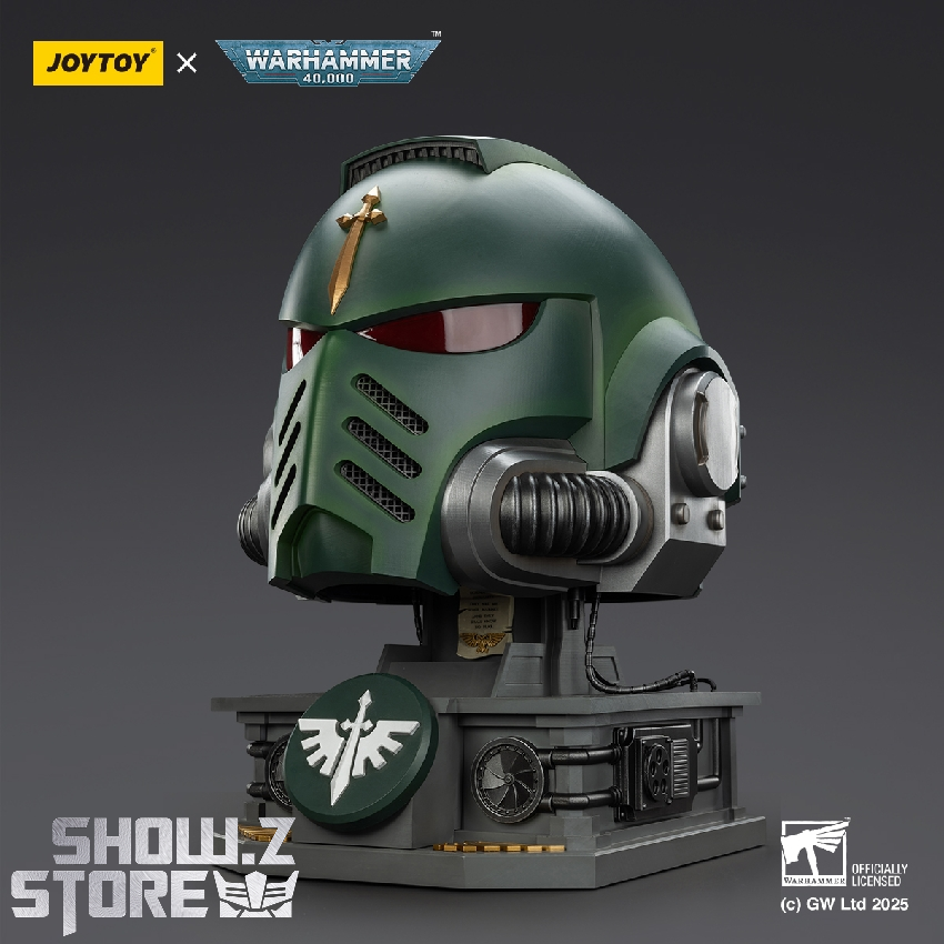 Dark Angels helmet side angle with stand showing vents and details Dark Angels helmet side angle with stand showing vents and details