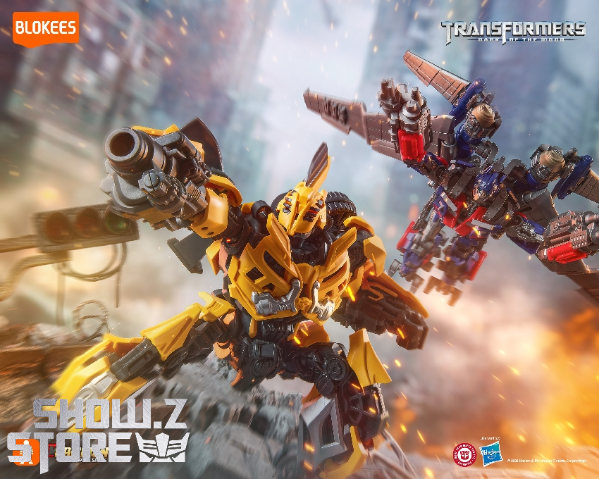 Bumblebee yellow robot fighting in explosive city setting Bumblebee yellow robot fighting in explosive city setting