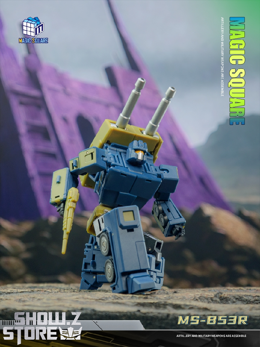 Blue/yellow transformer with purple landscape backdrop Blue/yellow transformer with purple landscape backdrop