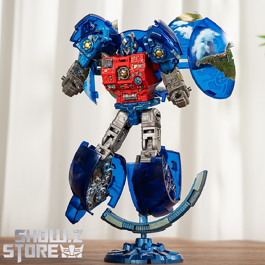 WK-127 Earth Guardian blue robot standing on display base WK-127 Earth Guardian blue robot standing on display base