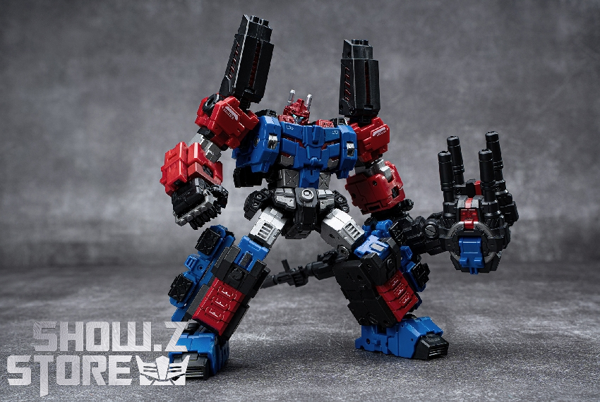 White and blue robot warrior in combat stance White and blue robot warrior in combat stance