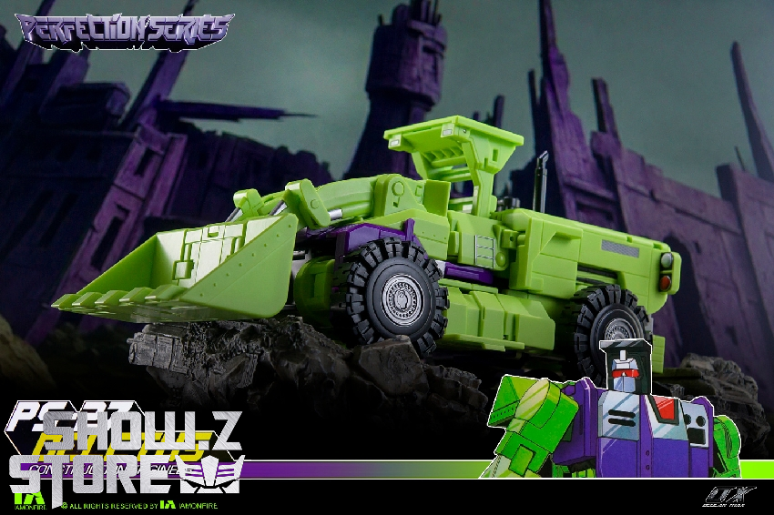 Bright lime green and purple Mastermind Creations Mixmaster excavator Transformer Bright lime green and purple Mastermind Creations Mixmaster excavator Transformer