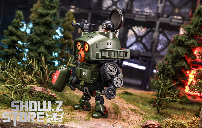 Green military robot in combat landscape with effects Green military robot in combat landscape with effects