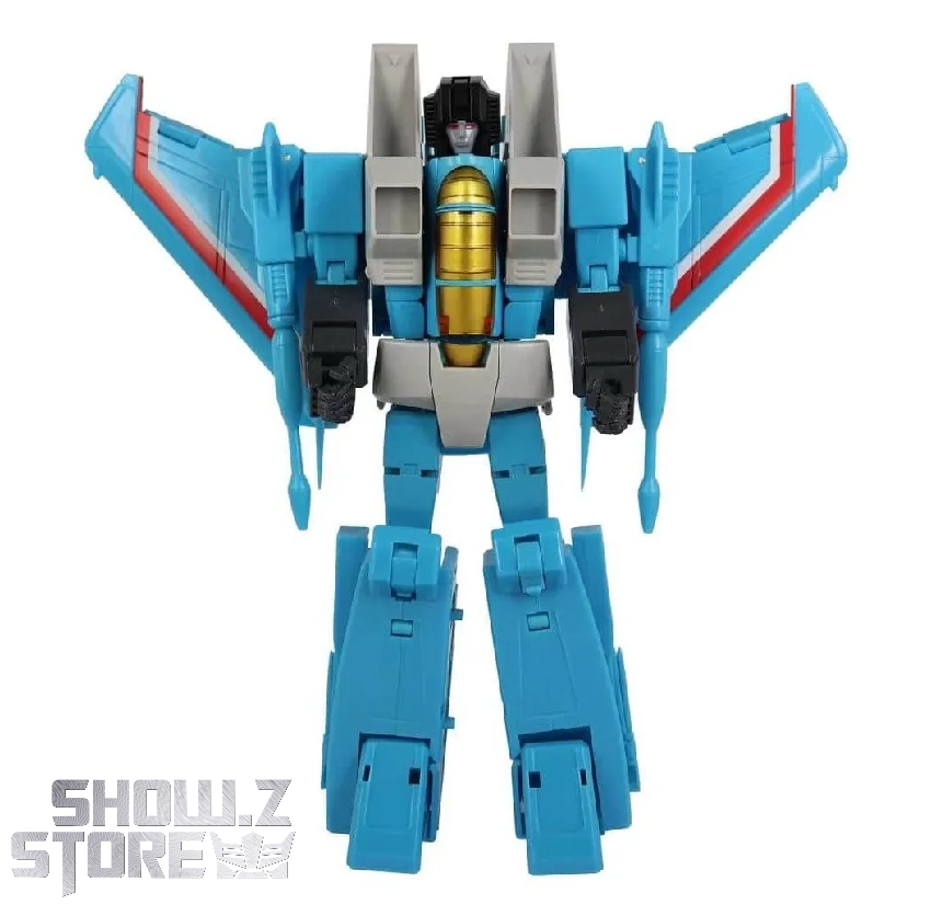 MakeToys MTRC-04 Sky Guy cyan blue jet aircraft mode with red stripe MakeToys MTRC-04 Sky Guy cyan blue jet aircraft mode with red stripe