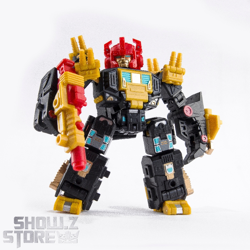 Detailed robot figure showing black gold armor plating extended weaponry Detailed robot figure showing black gold armor plating extended weaponry