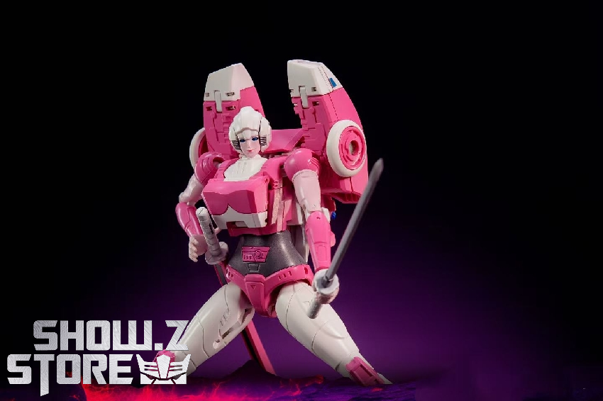 Pink and white robot figure in action stance pose Pink and white robot figure in action stance pose