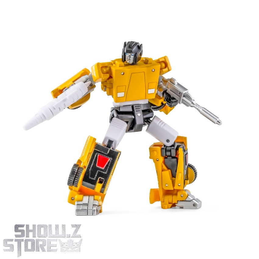 Yellow and white robot in dynamic action pose Yellow and white robot in dynamic action pose