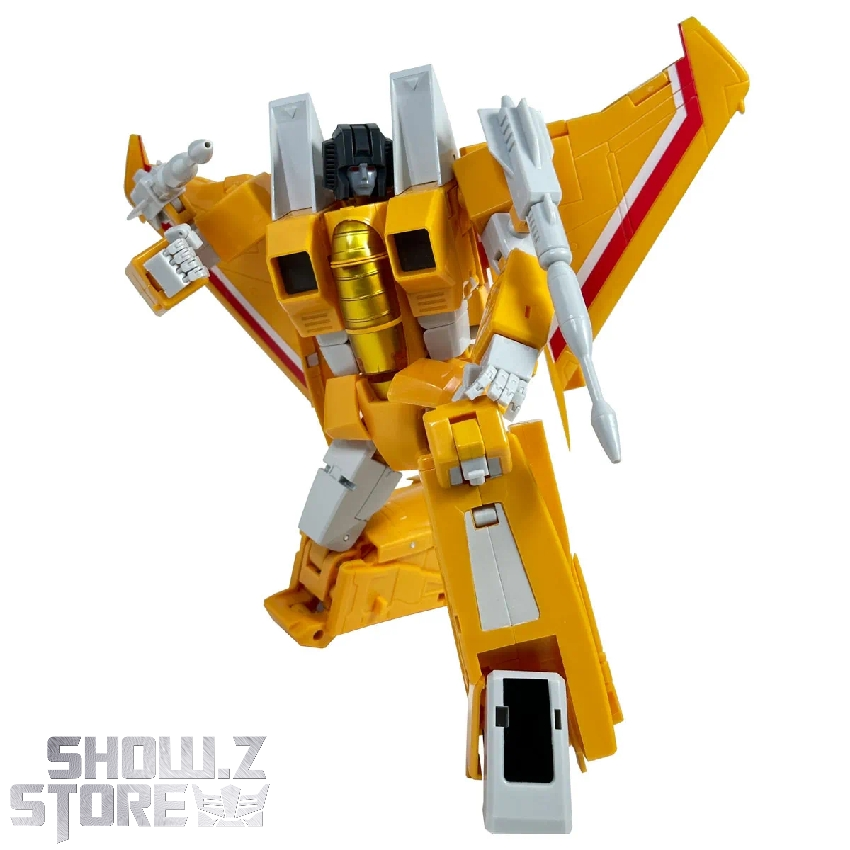 MakeToys MTRC-10 Golden Hour yellow and white jet robot in robot mode MakeToys MTRC-10 Golden Hour yellow and white jet robot in robot mode