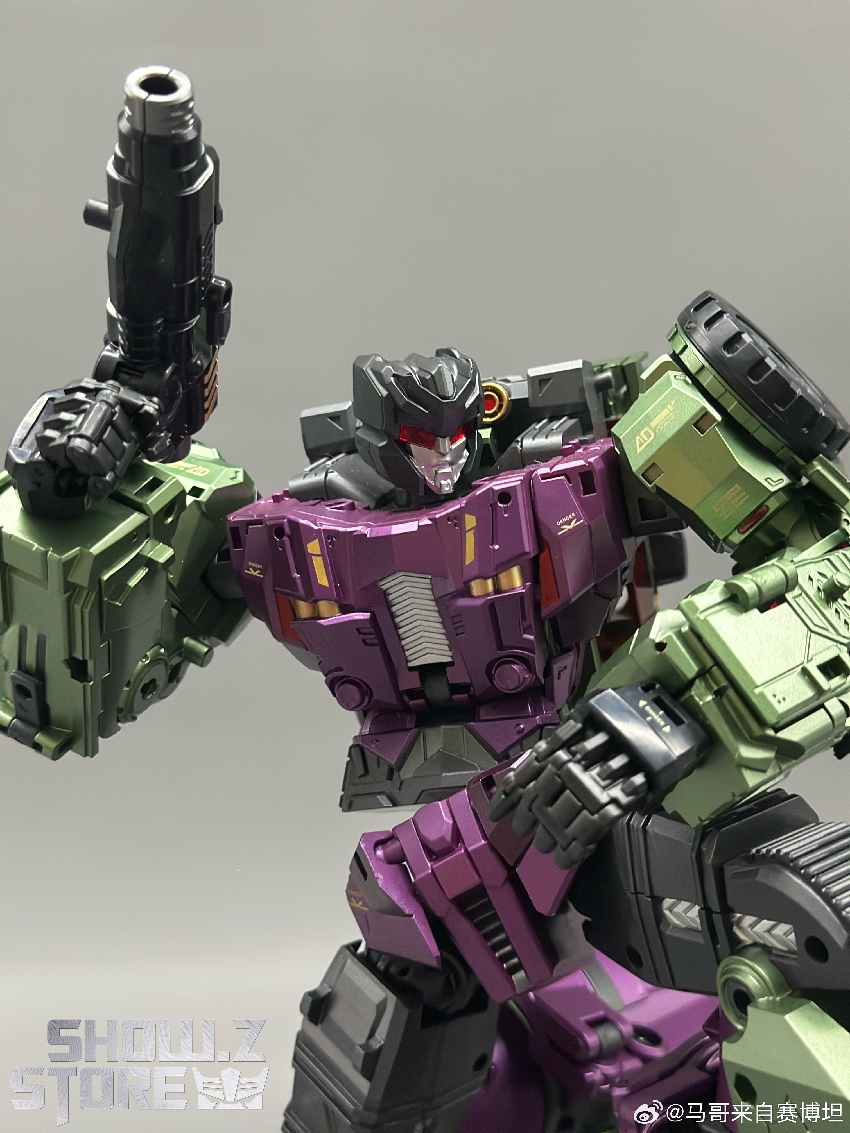 Devastator Mixmaster robot raised arms action pose displayed Devastator Mixmaster robot raised arms action pose displayed