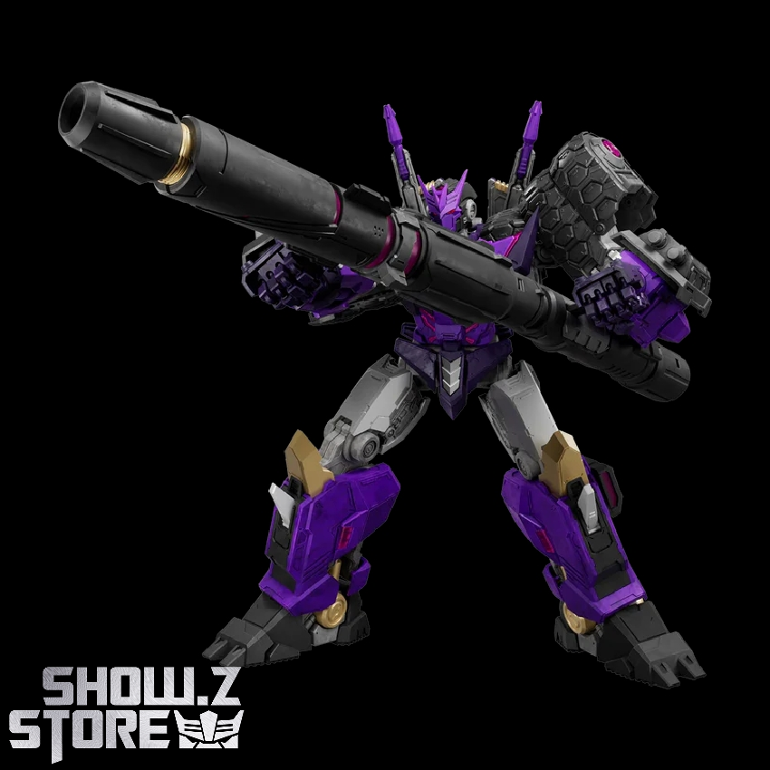 Blokees Transformers purple and black robot with large cannon, front view Blokees Transformers purple and black robot with large cannon, front view