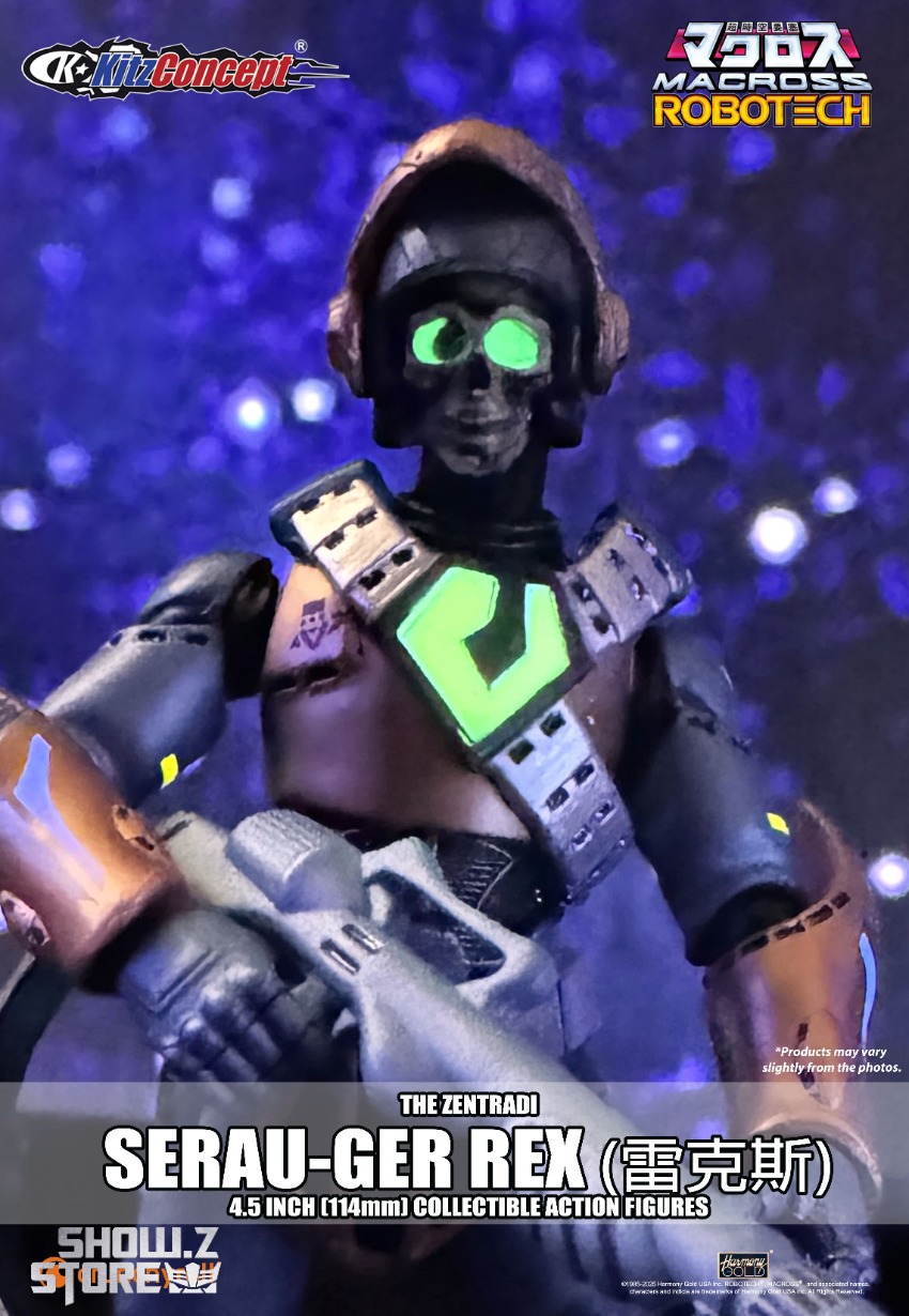 Serau-Ger Rex robot head with glowing green eyes closeup Serau-Ger Rex robot head with glowing green eyes closeup