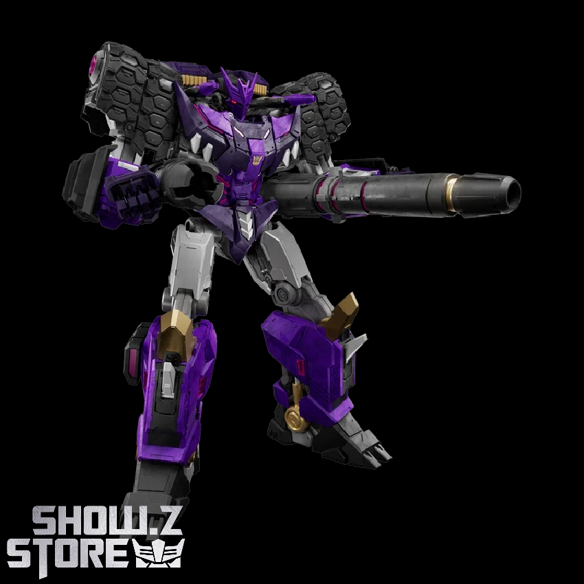 Blokees Transformers purple robot holding dual cannons, side stance Blokees Transformers purple robot holding dual cannons, side stance