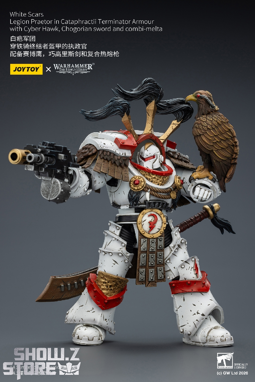 JT03486 aiming pose poster JoyToy JT03486 Warhammer 40K White Scars Legion Praetor 1/18 figure – promo poster aiming combi-melta with Cyber Hawk