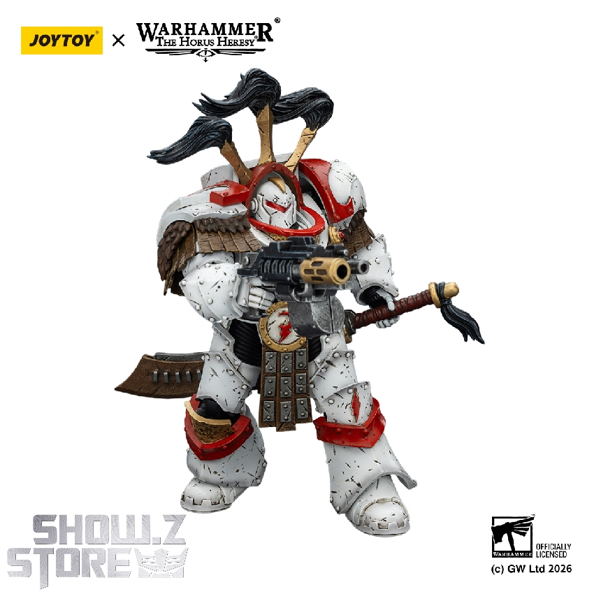 JT03486 pose with combi-melta JoyToy JT03486 Warhammer 40K White Scars Legion Praetor 1/18 figure – combi-melta pose on white background