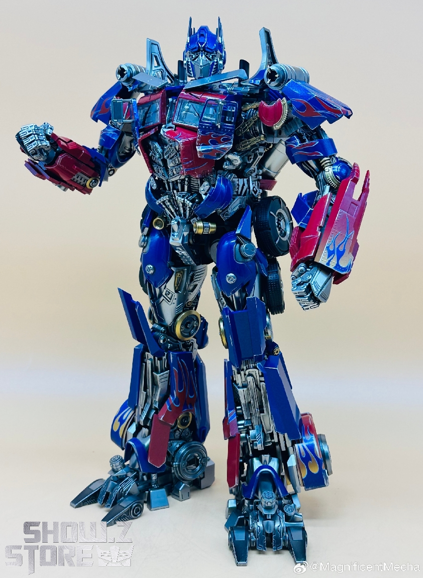 Tall blue Optimus Prime mecha robot with pink red armor parts Tall blue Optimus Prime mecha robot with pink red armor parts