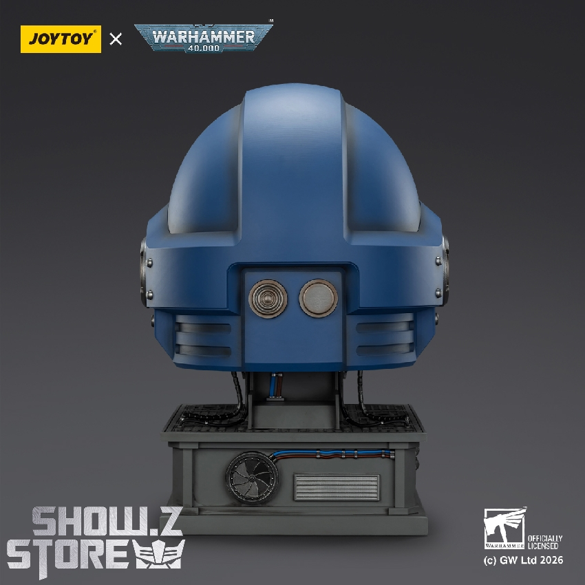 JoyToy Warhammer 40K blue helmet on stand back view JoyToy Warhammer 40K blue helmet on stand back view