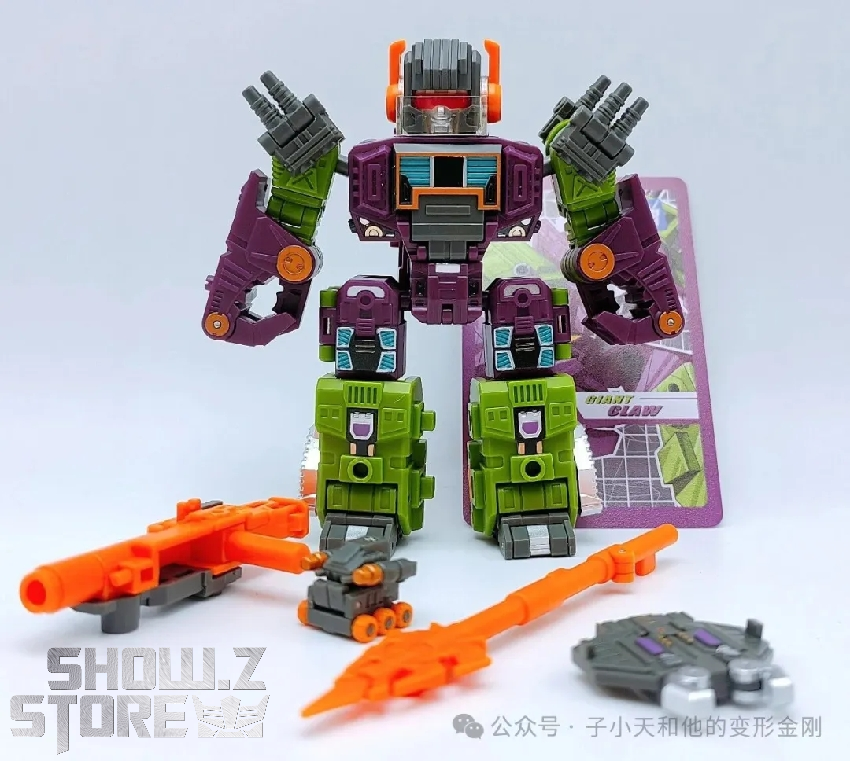 Articulated purple orange mechanical robot with extendable claw arms Articulated purple orange mechanical robot with extendable claw arms