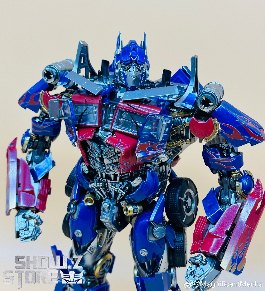 Detailed blue Optimus Prime robot figure multiple angles showcase Detailed blue Optimus Prime robot figure multiple angles showcase