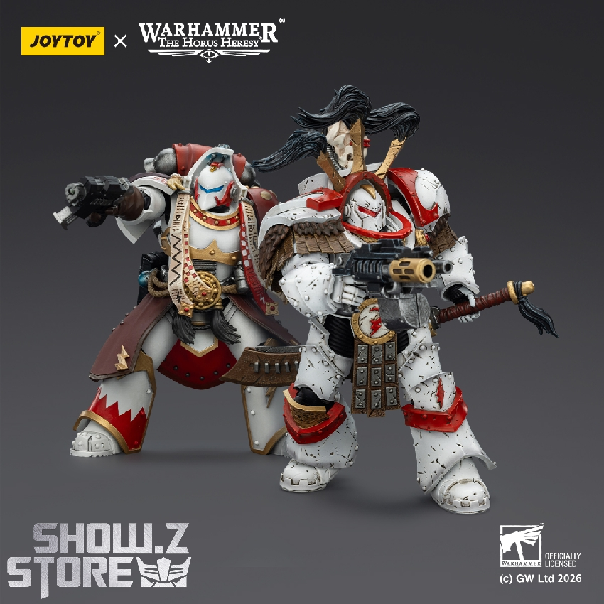 JT03486 duo (white background) JoyToy Warhammer 40K 1/18 figures on white background – JT03486 White Scars Legion Praetor shown with another character