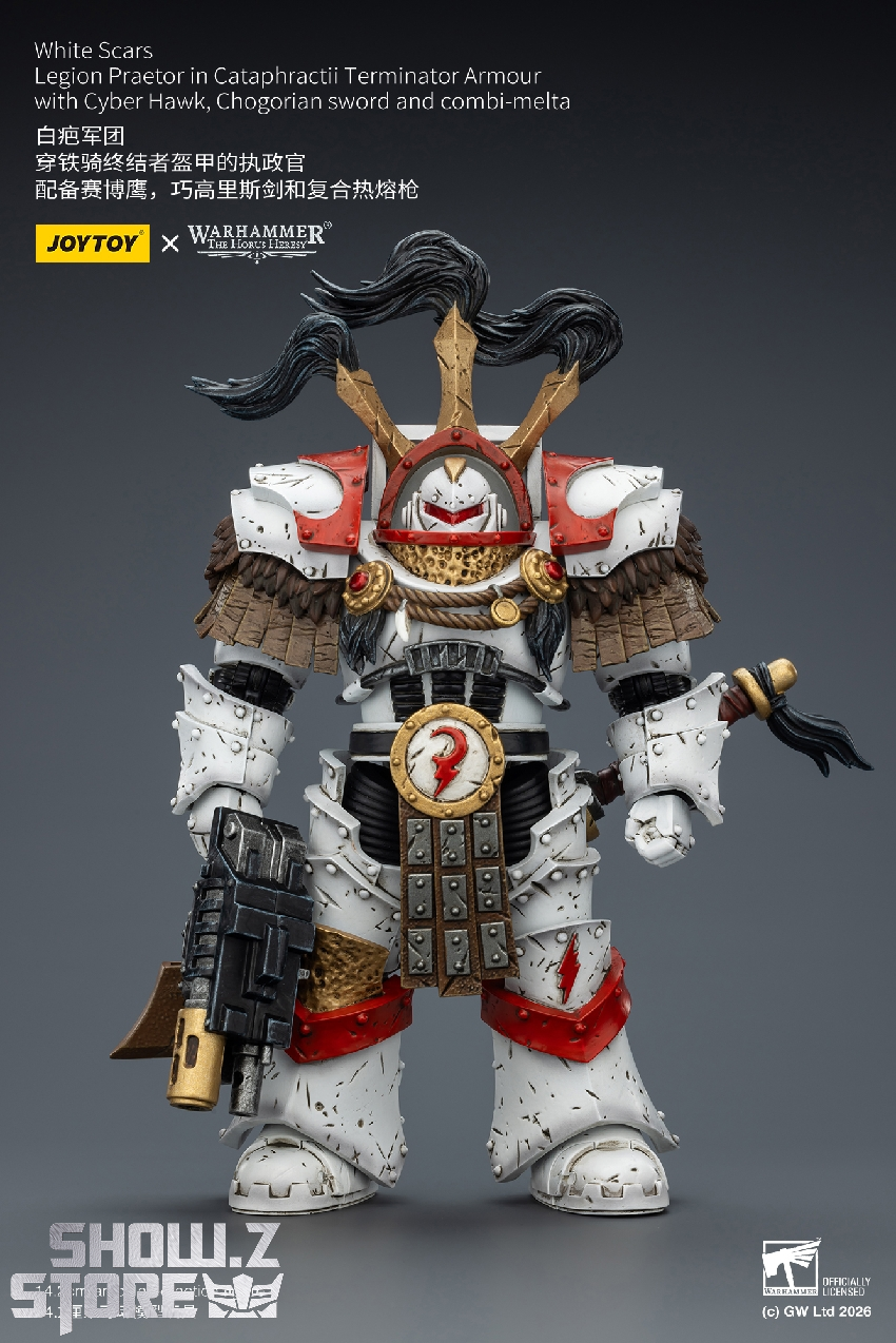 JT03486 poster with combi-melta JoyToy JT03486 Warhammer 40K White Scars Legion Praetor (Cataphractii) 1/18 figure – promo poster front view with combi-melta