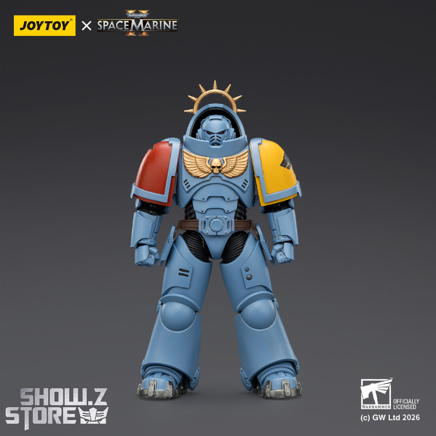 Space Wolves Heavy Intercessor in blue armor with red shoulder plates Space Wolves Heavy Intercessor in blue armor with red shoulder plates