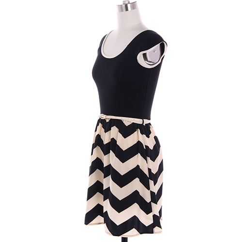 Popular striped printed scoop neck knee length casual dress designs