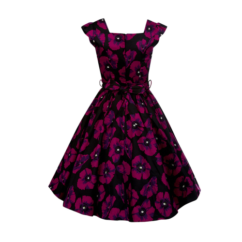 Women Stretchable Cotton Satin Poppy Print Lady Elegant Vintage Dress Made In China