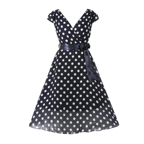 Lady fashion polka dot beautiful dress summer v neck elegant swing dress for woman