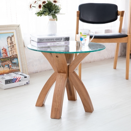 Solid Oak Wood Base Tempered Glass Table