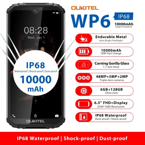 OUKITEL WP6 6.3 Zoll 19.5: 9 Mobiltelefon MT6771T Octa Wasserdichter stoßfester 9V / 2A 10000mAh Akku 6GB RAM 128G ROM Smartphone