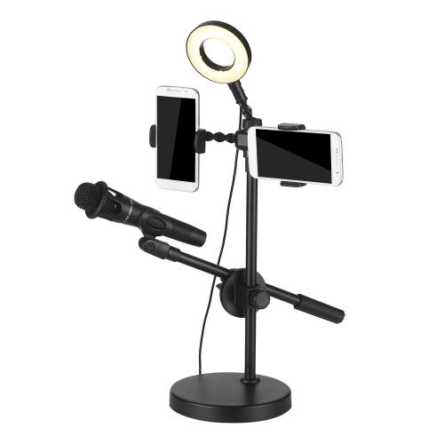 Anneau lumineux Selfie avec support de téléphone et support de microphone 3 modes d'éclairage 9 niveaux de luminosité pour alimenté par USB