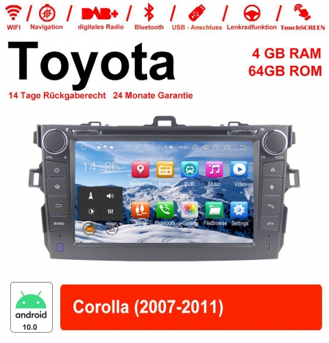 8 pouces Android 10.0 Autoradio / multimédia 4 Go de RAM 64 Go de ROM pour Toyota Corolla 2007-2011 avec WiFi NAVI Bluetooth USB​​​​​​​