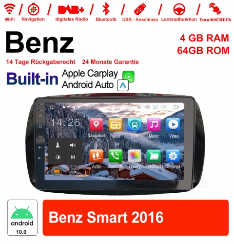 Autoradio 9 pouces Android 10.0 / multimédia 4 Go de RAM 64 Go de ROM pour Benz Smart 2016 avec WiFi NAVI Bluetooth USB