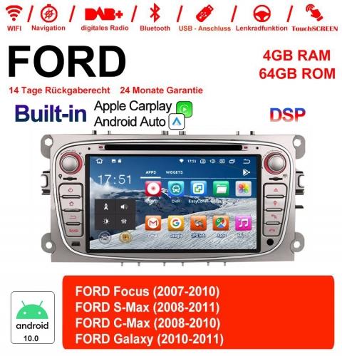 Autoradio 7,0 Android 10.0 / multimédia 4 Go de RAM 64 Go pour Ford Focus couleur argent Bluetooth 5.0 Carplay / Android Auto intégré