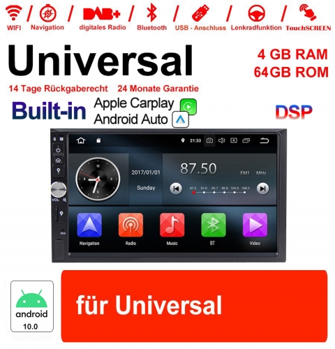 7" 2 Din Android 10.0 Octa 8 Kern 4GB RAM 64GB ROM Autoadio Player für Universal GPS Navigation Stereo Radio MP3  Built-in Carplay / Android Auto