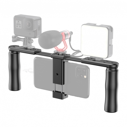 APEXEL APL-VG02 Dual-Grip Smartphone Video Rig Handheld Film Equipment Mount with Phone Holder Cold Shoe Mounts for Vlog Live