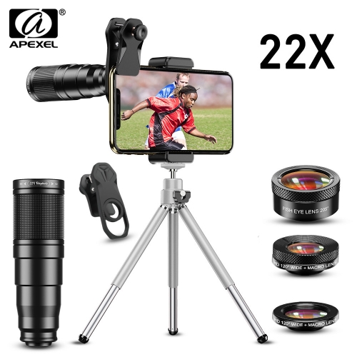 APEXEL Neue 4in1 22X Teleskop zoom Objektiv Makro Breite Fisheye-objektiv HD Telefon Kamera Objektiv Kit Mit Fernbedienung Stativ für iPhone Samsung