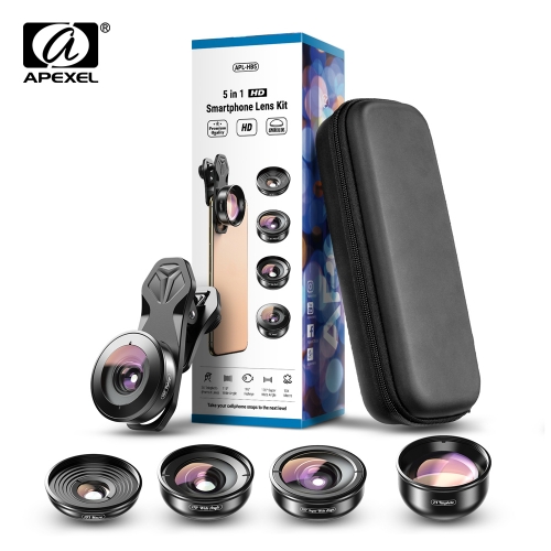 APEXEL 5 en 1 kit d'objectif de téléphone pour appareil photo 4K HD grand télescope Macro objectif Fisheye pour iPhone Samsung tous les smartphones