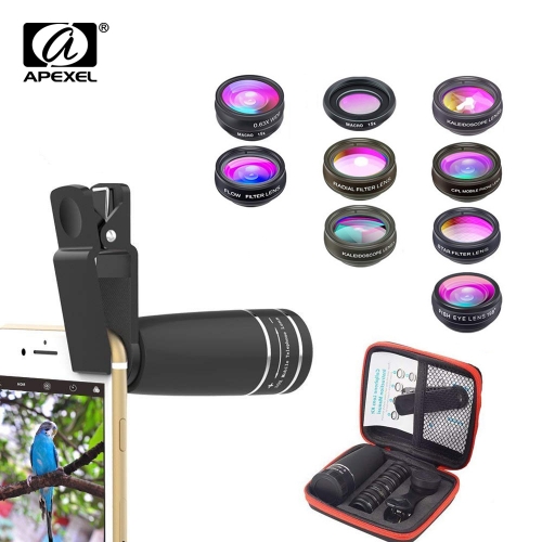 APEXEL 10 in 1 mobile phone lens telephoto lens fisheye lens wide angle macro lens + CPL / flow / radial / star filter for all smartphones