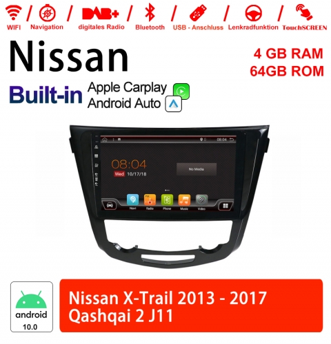 10.2 pouces Android 10.0 Autoradio / Multimedia 4 Go de RAM 64 Go de ROM pour Nissan X-Trail J11 Qashqai 2013-2017 Built-in Carplay