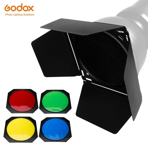 Godox BD-04 Barn Door + Honeycomb Grid + 4 Color Filter for Standard Reflector