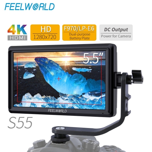 FEELWORLD S55 5.5 Inch IPS on Camera Field Monitor DSLR Focus Assist 1280x720 Support 4K HDMI Input DC Output Include Tilt Arm