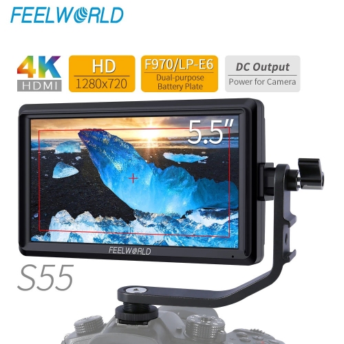 FEELWORLD S55 5,5 Zoll IPS auf Kamera Feld Monitor DSLR Focus Assist 1280x720 Unterstützung 4K HDMI Eingang DC Ausgang Umfassen Tilt Arm