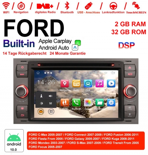 7 pouces Android 10.0 Autoradio / Multimédia 2 Go de RAM 32 Go de ROM pour Focus Fiesta/Fusion C/S-Max Transit Mondeo Carplay / Android Auto intégré
