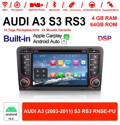 7 pouces Android 10.0 Autoradio / Multimédia 4Go de RAM 64Go de RAM pour AUDI A3 (2003-2011) S3 RS3 RNSE-PU Carplay / Android Auto intégré